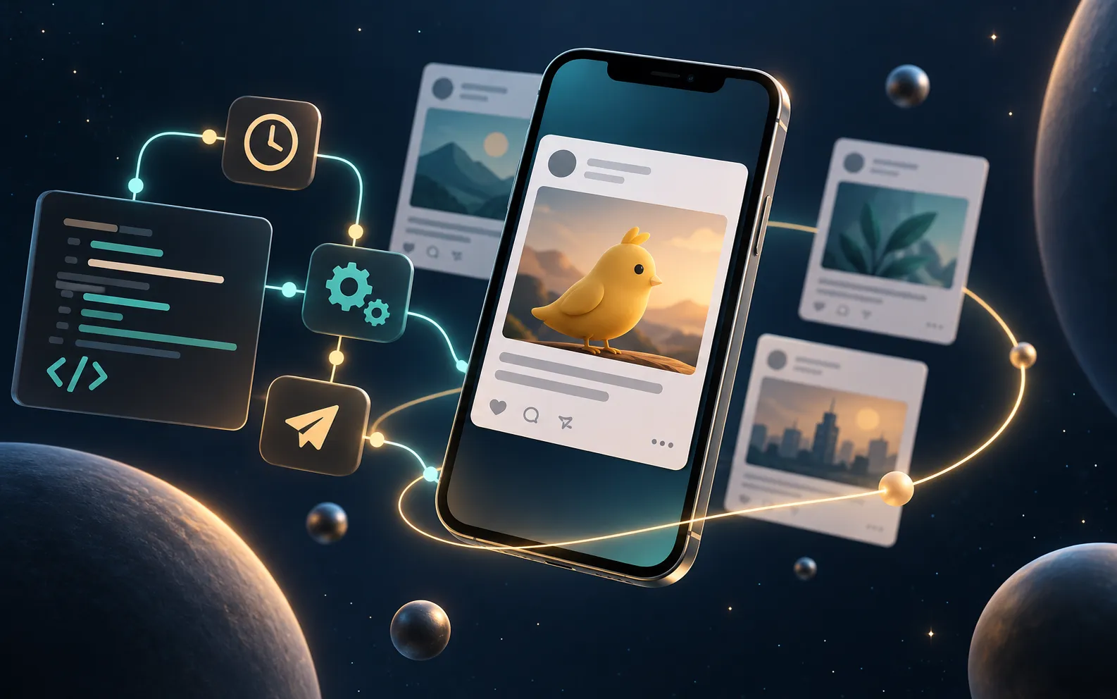 A smartphone with social post cards and automation workflow icons