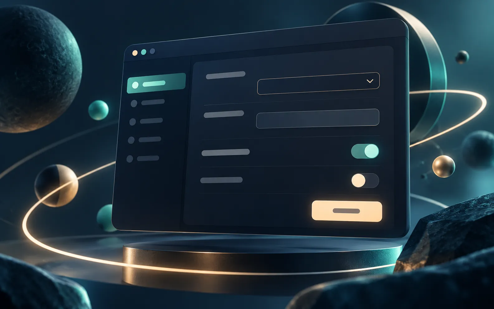 An abstract WordPress settings panel with a dropdown, text field, toggles and save button