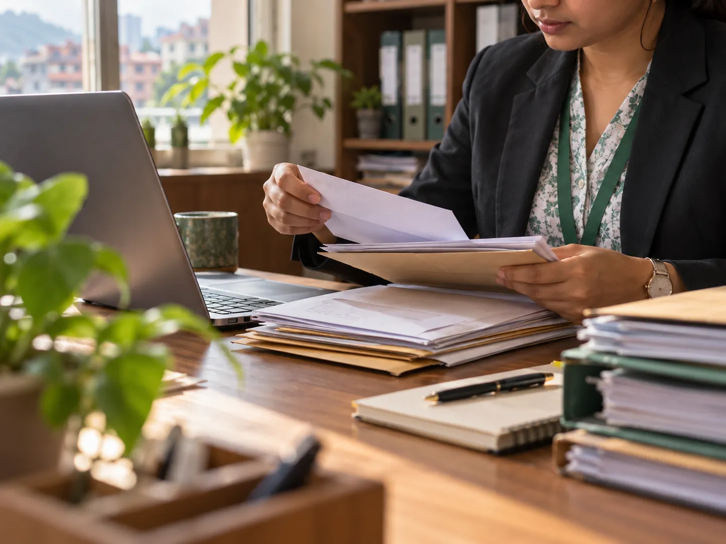 Illustration of an office worker organizing correspondence beside a laptop