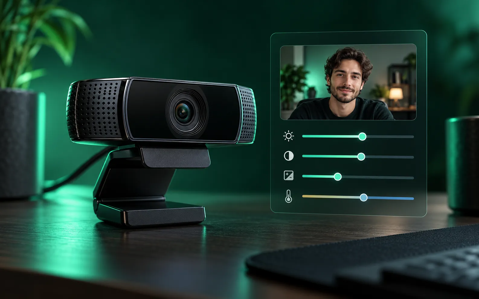 A Logitech C922 webcam beside a camera-control panel with brightness, contrast and exposure sliders