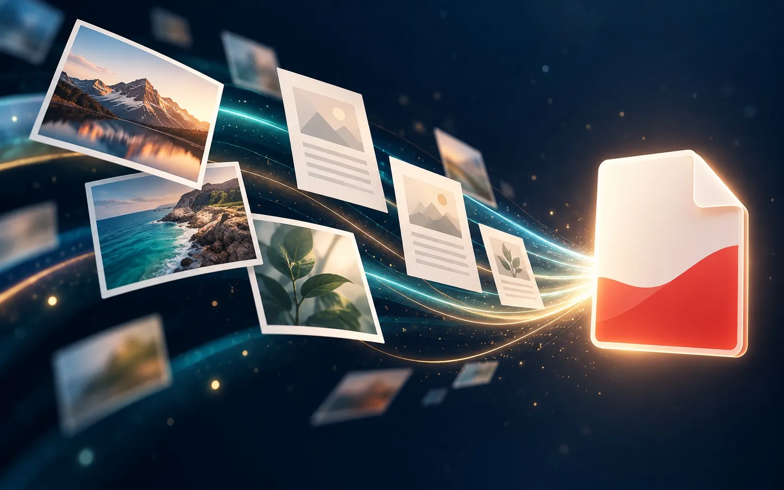 Photo cards flowing into a PDF document icon