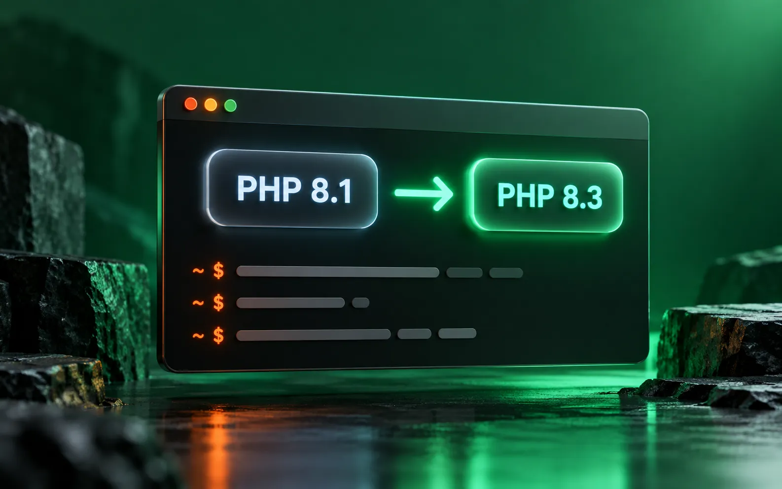 A terminal window showing PHP 8.1 changing to PHP 8.3