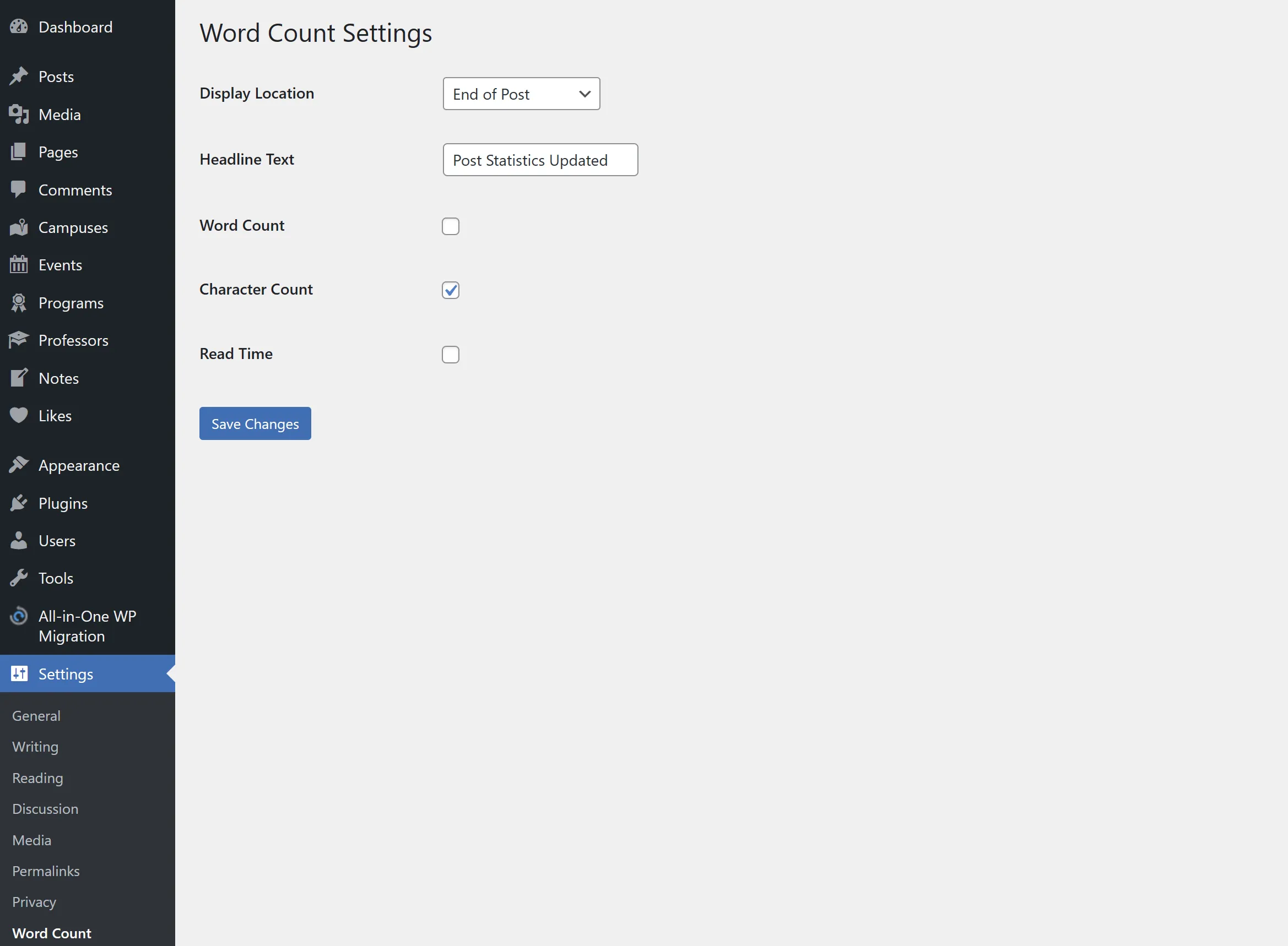 WordPress settings page in the admin dashboard